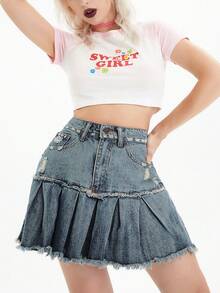 SHEIN Unity Plus Size Casual Washed Frayed Pleated Denim Skirt - Blue - View 5