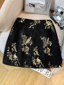 GlowEve Rok Jacquard A-Line Elegan untuk Wanita, Musim Gugur/Dingin - Hitam - View 3
