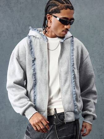 Street Life Men's Casual Ruffle Trim Zip-Up Hooded Sweatshirt, Long Sleeve Top