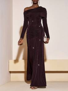 Zivah 2025 Autumn/Winter New Year, Valentine's Day, Party, Banquet, Date, Birthday Party, College Style, Student Wear, Daily Casual, Basic Versatile, Casual, Cruise Travel, Viral Hit, Elegant, Commute, Business Casual, Minimalist, Sexy Club, Asymmetrical Shoulder Long Sleeve, Waist-Cinched Fishtail Hem, Hip Crossover Ruched, Shimmery Dark Brown Fabric, Formal Dress, Party Maxi Dress, Women's Dress - Rust Brown - View 6