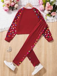 SHEIN 2pcs/Set Sweatshirt + Legging Motif Hati & Bunga Kecil untuk Anak Perempuan Remaja - Merah - View 2