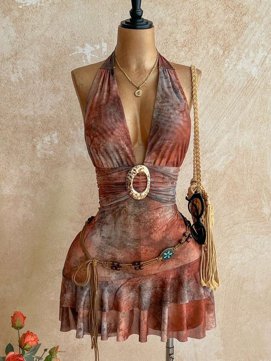 Soleia 女士露背深V领无袖修身荷叶边下摆迷你连衣裙 - 彩色 - 查看 1