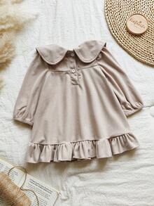 Vintaside Kids 女婴舒适柔软时尚驼色灯芯绒彼得潘领可爱花卉刺绣长袖田园风连衣裙，百搭款式，适合春秋季日常穿着 - 卡其色 - 查看 2