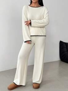 INAWLY 2 件套女士优雅休闲罗纹针织蝴蝶结领长袖上衣和直筒裤套装，秋冬 - 杏色 - 查看 4