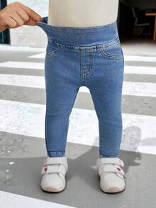 SHEIN Baby Girl Simple Fashionable Denim Jeans, Suitable For Summer - Dark Wash - View 1