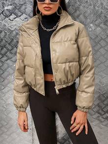EMERY ROSE Women's Solid Color Long Sleeve Zipper Front Short Padded Coat For Winter Clothes - Camel - View 6