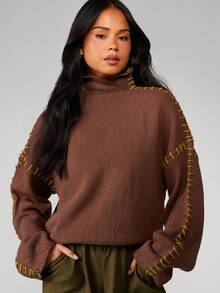 MISSGUIDED Women Funnel Neck Oversized Sweater With Contrast Whip Stitch Detail Long Sleeve Knit Pullover Fall Winter - Brown - View 5