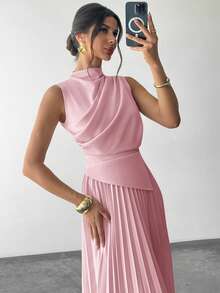 Firerie 女士优雅荷叶边无袖A字连衣裙/伞裙/返校季/学生装/派对/老钱风/外出装/派对装/办公室装/仿杏色半身裙 - 淺粉色 - 查看 2