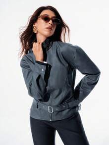 Chiquease Giacca da donna con colletto alto in pelle, stile loose, adatta per l'autunno e l'inverno, per la nicchia culturale di Ognissanti - nero - Visualizzare 7