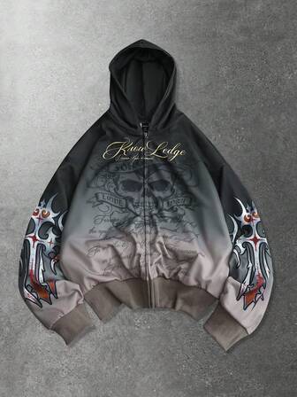 Sudadera con capucha con estampado de calavera degradada y eslogan para hombre