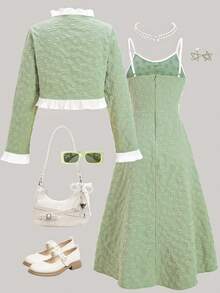 SHEIN 少女优雅提花开襟荷叶边长袖外套搭配简约吊带长裙两件套，适合日常外出、派对和聚会。 - 綠色 - 查看 2
