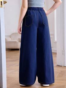 SHEIN Quần jean ống rộng cạp chun rút nhẹ mùa hè cho bé gái tuổi mới lớn mặc hàng ngày, quần ống rộng cạp chun co giãn thoải mái mùa hè, quần đi biển mùa hè phong cách boho, lễ hội hòa nhạc Rave - Rửa tối - Xem 2