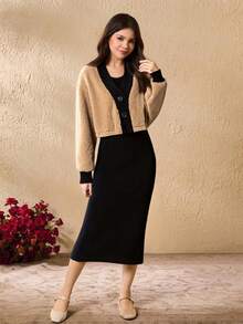2pcs/Set Teens' Fuzzy V-Neck Top & Striped Fuzzy Jacket Outfit - Khaki - View 3