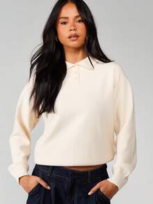 MISSGUIDED 短款针织 Polo 衫，翻领纽扣前襟，长袖休闲套头毛衣，适合秋冬季穿着。 - 杏色 - 查看 1