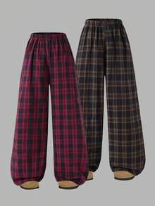 Sparklyn Set de 2 pantalones holgados a cuadros versátiles y casuales para adolescentes, adecuados para la escuela, el uso diario y el uso en la calle