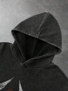 Manfinity EMRG 男士天使雕像和洛杉矶圣徒队标语图案连帽衫，美式街头风格，秋季卫衣圣诞礼物男士连帽衫舒适秋冬款式圣诞连帽衫，Y2K - 黑色 - 查看 3