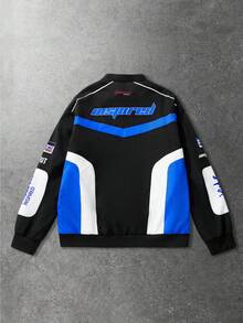 ROMWE MEN Áo khoác đua xe Unisex, huy hiệu vá màu tương phản & áo khoác mô tô in chữ tiếng Anh, mùa thu/đông - màu đen - Xem 4