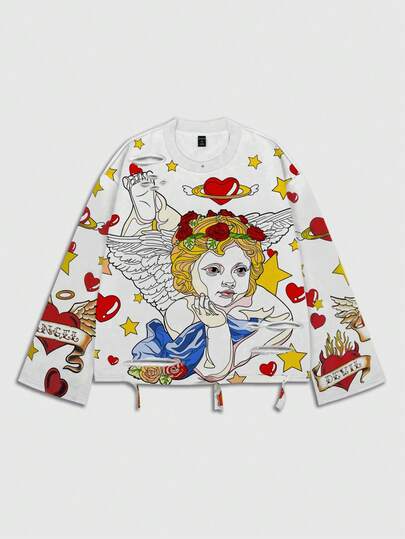 Street Life Vintage Street Style Distressed Saint Graphic Long Sleeve Crew Neck Men's T-Shirt