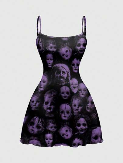Goth Vestido mini sexy con estampado total de muñeca gótica vintage, oscura y de terror para mujeres