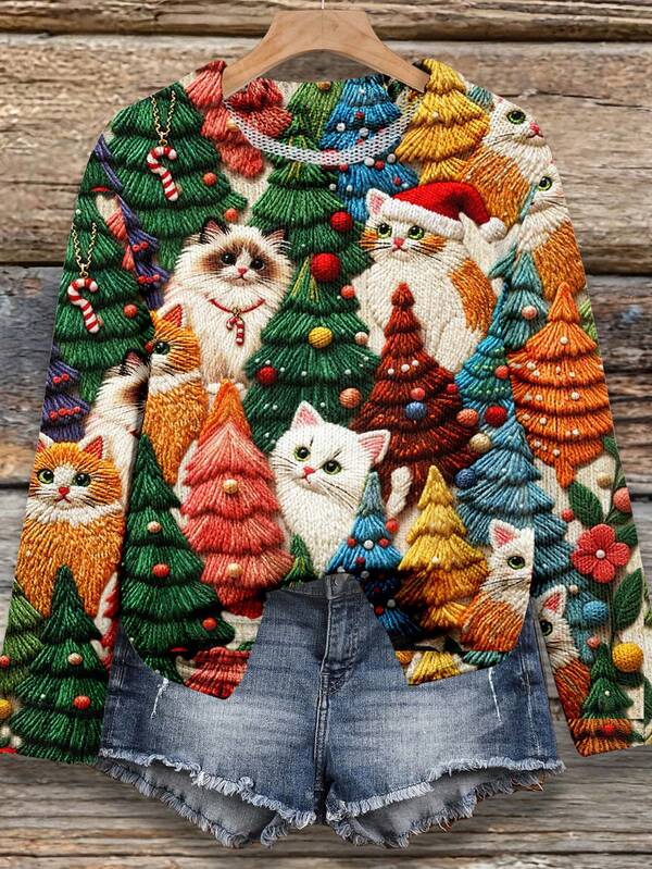 EMERY ROSE Women's Casual Knit Pullover Sweater, Suitable For Autumn/Winter, Suitable For Christmas, Cat & Christmas Tree Print