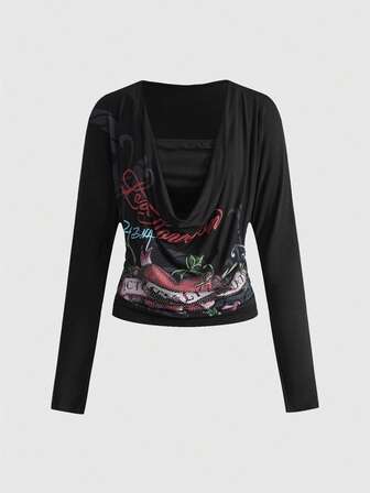 Grunge Punk Y2K Retro Sexy Bluse mit tiefem drapiertem Ausschnitt, geraffter Taille und Fledermausärmeln, mit Strass-Totenkopf, Ranken- und Herz-Muster für Frauen