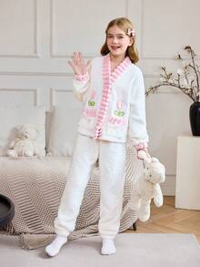 SHEIN Autumn/Winter Cozy Pocket Bow Tulip Embroidery Contrast Trim Girls Pajama Set - Beige - View 5
