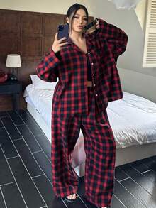 Dazy Plus Conjunto de pijama holgado a cuadros de talla grande, adecuado para todas las estaciones, ropa de otoño e invierno - Rojo - Ver 5
