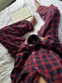 Dazy Plus Conjunto de pijama holgado a cuadros de talla grande, adecuado para todas las estaciones, ropa de otoño e invierno - Rojo - Ver 6
