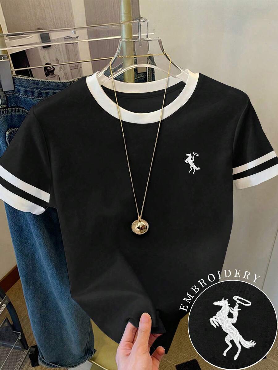 SHEIN 女款T恤/保罗图案印花/刺绣工艺/女士宽松休闲撞色圆领T恤上衣/春夏 - 彩色 - 查看 1