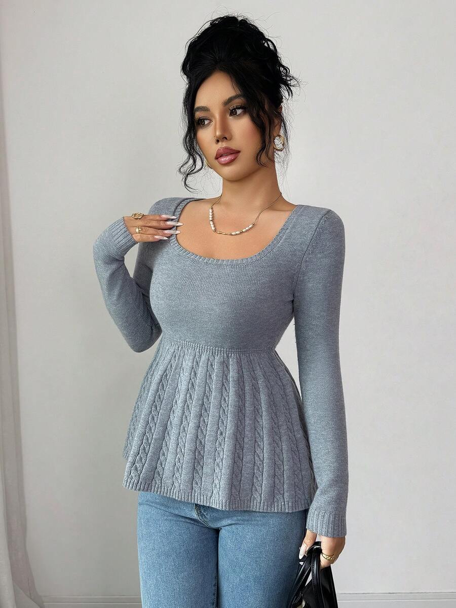 Elenzga Áo len dài tay cổ tròn viền bèo nhún dễ thương cho nữ - Xám - Xem 1