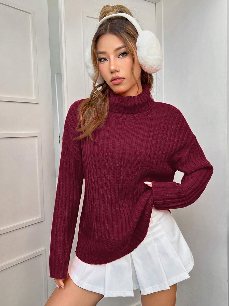 SHEIN EZwear 女士休闲酒红色高领落肩毛衣,冬季毛衣,圣诞毛衣,酒红色毛衣,冬季时尚女士高领毛衣 - 酒紅色 - 查看 1