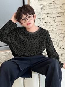 DAZY 男童宽松豹纹圆领T恤，休闲时尚，秋季款 - 灰色 - 查看 2