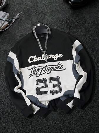 Manfinity Roghcode 남성용 콘트라스트 컬러 패치워크 라운드넥 긴소매 캐주얼 패션 다용도 스트리트 풀오버 스웨트셔츠