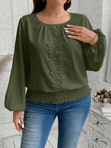 SHEIN LUNE 秋季女装连衣裙 女装 大码衬衫 秋季女装纹理条纹拼接蕾丝灯笼袖宽松派对曲线上衣 长袖衬衫 女式上衣 白色上衣 商务休闲女式工作衬衫 商务衬衫 - 軍綠色 - 查看 1