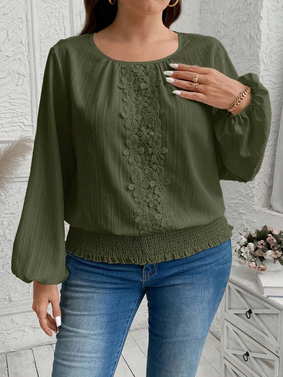 SHEIN LUNE 秋季女装连衣裙 女装 大码衬衫 秋季女装纹理条纹拼接蕾丝灯笼袖宽松派对曲线上衣 长袖衬衫 女式上衣 白色上衣 商务休闲女式工作衬衫 商务衬衫 - 軍綠色 - 查看 1