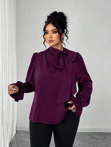 Elenzga Plus Size Elegant Satin Collar Tie Neck Blouse - Purple - View 6