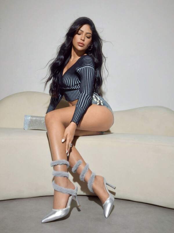 CUCCOO SZL Zapatos de tacón alto con punta de rhinestone y envolvente de piel sintética, nuevo estilo de tacón de aguja con peluche