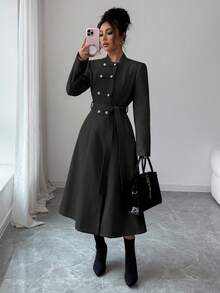 Elenzga 女士优雅通勤大衣，秋冬新款，简约双排扣设计，大地色系棕色，收腰设计，长袖中长款大衣 - 黑色 - 查看 6