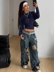 Coolane 女士秋季极简主义 Y2K 基本款日常休闲返校街头风弹力白色宽松长袖褶皱短款T恤 - 藏蓝色 - 查看 5