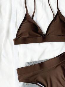 Swim Vcay Conjunto de bikini unicolor Sujetador triangular y bottom de talle alto Traje de baño de 2 piezas - Café integral - Ver 4