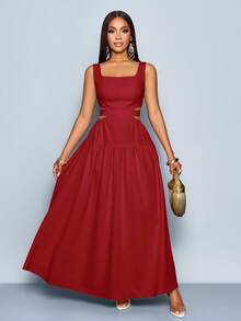 SOLERSUN 女士优雅方领腰部镂空系带后褶露背 A 字裙，适合夏威夷、女士夏季连衣裙、茶会礼服、白色毕业长裙 - 紅色 - 查看 5