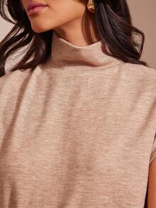 L'Amorae Women Casual Mock Neck Extended Sleeve Knit Rib Top, Cozy Fall Winter - Khaki - View 5