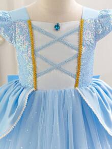 Glamorique Kids Váy dài tay màu xanh thanh lịch cho bé gái, váy công chúa cosplay bằng vải tuyn màu xám - Màu xanh lam - Xem 4