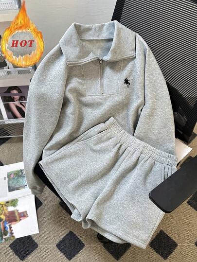 Resyla 女式刺绣卫衣和短裤两件套半拉链套装