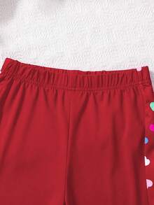 SHEIN 2pcs/Set Sweatshirt + Legging Motif Hati & Bunga Kecil untuk Anak Perempuan Remaja - Merah - View 3