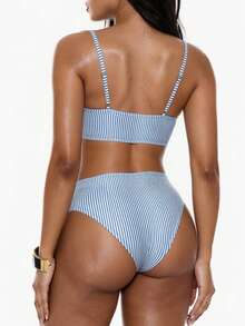 SHEIN Swim Women's Fresh Striped Minimalist Bikini Set - Blue and White - View 2