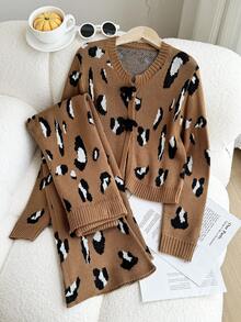 SHEIN 2pcs Girls Leopard Jacquard Knit Cardigan And Wide Leg Pants Set,Handmade Bow Decor,Warm Soft Casual Outfit,Brown Checkered,Autumn,Cute,School,Back-To-School - Camel - View 6