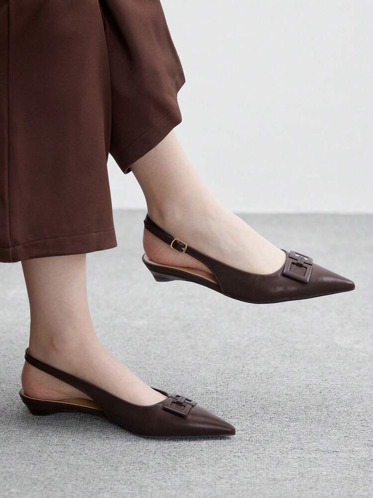CUCCOO BIZCHIC Women's Square Buckle Pointed Toe Low Heel Flats, Quirky Heel Design, Versatile & Comfortable, Coffee Color Slip-On Flat Shoes, Suitable For Work And Commute For Christmas Spring Shoes