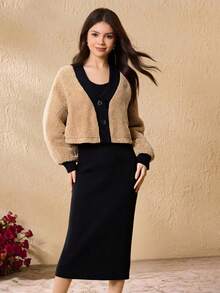 2pcs/Set Teens' Fuzzy V-Neck Top & Striped Fuzzy Jacket Outfit - Khaki - View 1