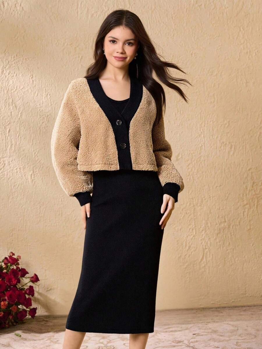2pcs/Set Teens' Fuzzy V-Neck Top & Striped Fuzzy Jacket Outfit - Khaki - View 1